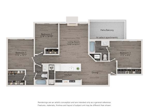 A floor plan of an apartment with three bedrooms, for rent at Station Heights apartments in Alpharetta