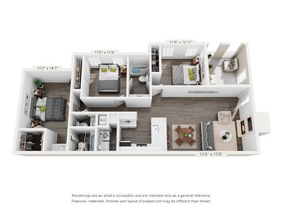 A floor plan of a 3-bedroom apartment with dimensions and a disclaimer.