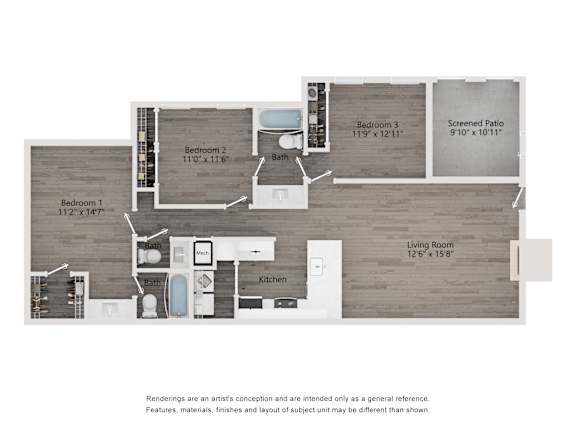 A floorplan of the C2 3-bedroom floorplan for rent at Station Heights