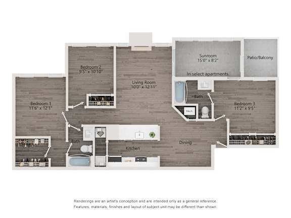 A floor plan of an apartment with three bedrooms, a living room, a kitchen, a bathroom, a dining area, and a sunroom for rent in Alpharetta, ga