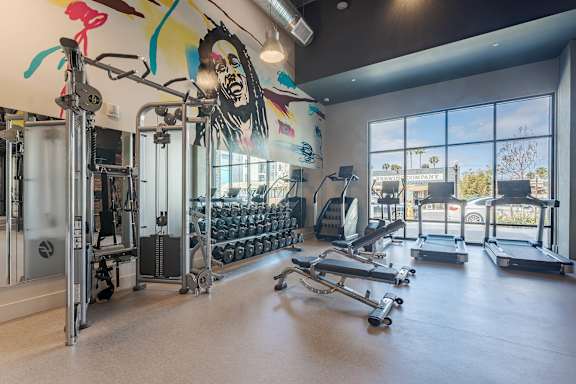 Fitness center with strength training equipment and mural at AMP 30 Apartments, San Diego, CA