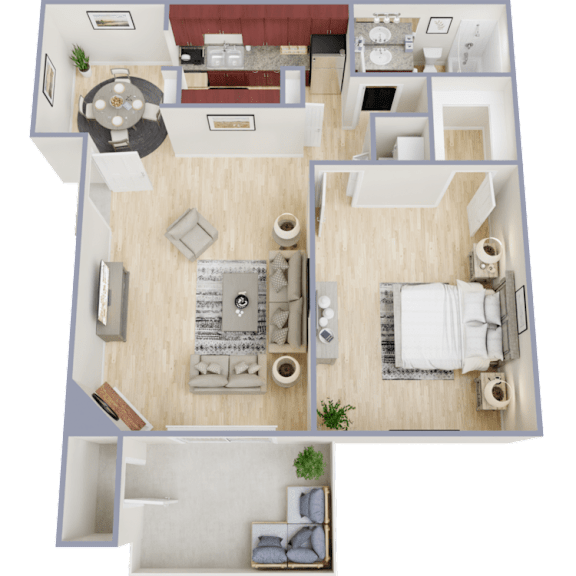 Floor Plan  A 3D floor plan of a house showing a living room, kitchen, and two bedrooms.