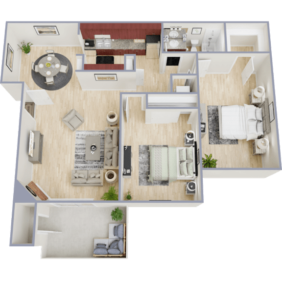 Floor Plan  A 3D floor plan of a house with a living room, dining room, kitchen, and bedrooms.