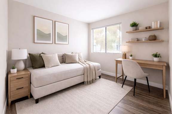 A cozy bedroom with a bed, desk, and chair.