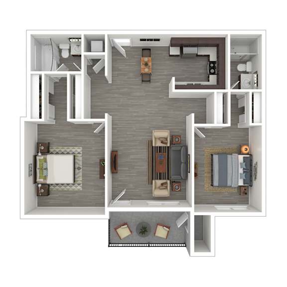 A top-down view of a house layout with a kitchen, living room, and bedrooms.