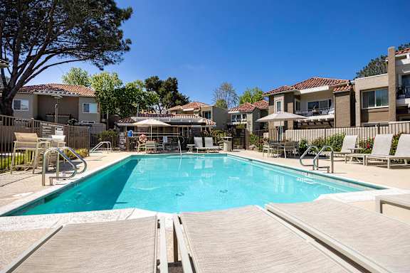 Community pool with handrails and sundeck at Bella Del Mar Apartments, Del Mar, 92014