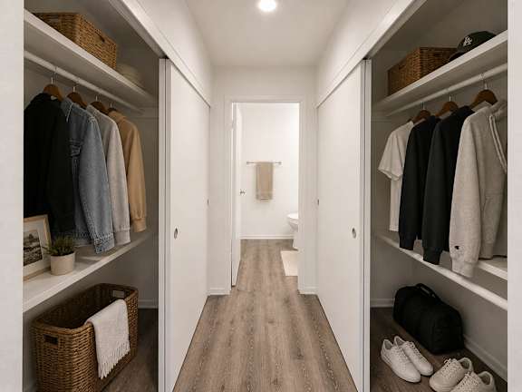 A hallway with a white door and a wooden floor.