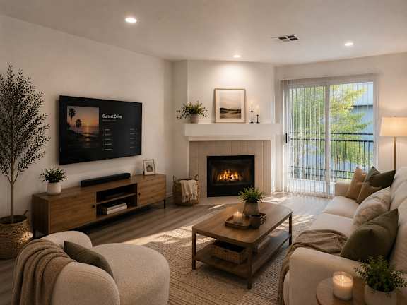A modern living room with a fireplace and a flat screen TV.