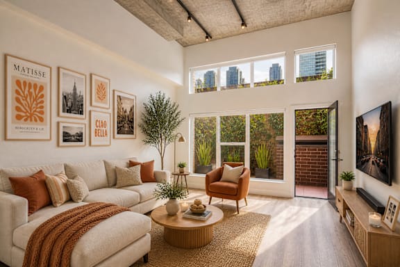 Living room with white couch