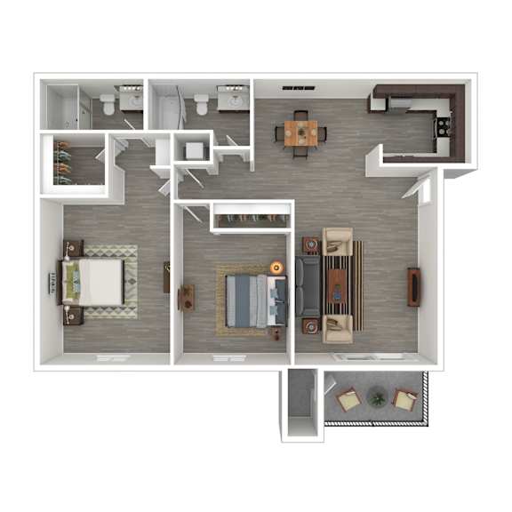 A floor plan of a modern apartment with a kitchen, living room, and bathroom.