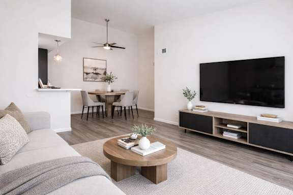 A modern living room with a grey sofa, a wooden coffee table, and a television.