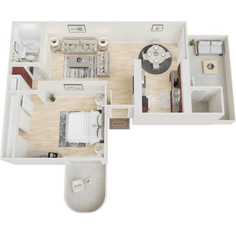 Floor Plan  A top-down view of a small apartment with a kitchen, living room, and bathroom.