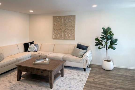 A living room with a white couch, a wooden coffee table, and a large leafy plant.
