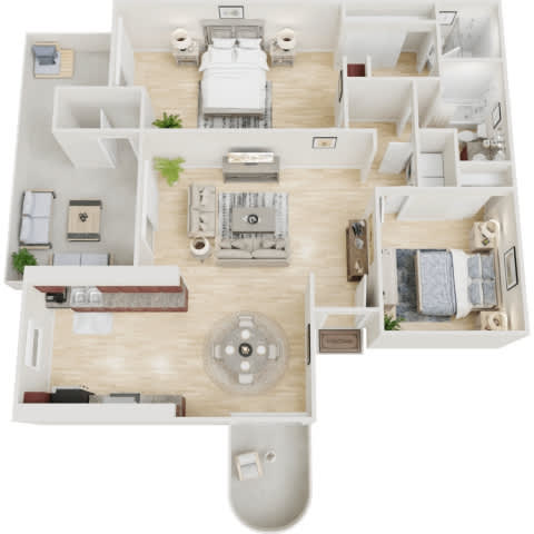 Floor Plan  A top-down view of a house interior with a kitchen, living room, and bedrooms.