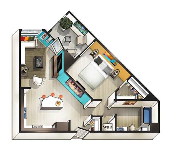 A floor plan of a house with a kitchen, living room, and dining area.