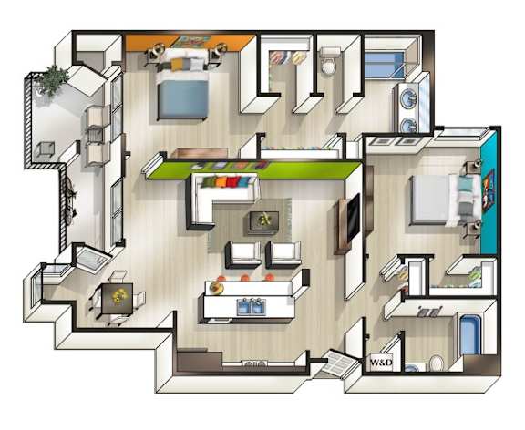 A floor plan of a house with a kitchen, living room, and two bedrooms.