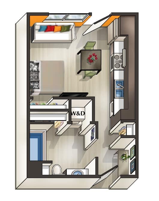 A drawing of a kitchen with a refrigerator, microwave, and other appliances.