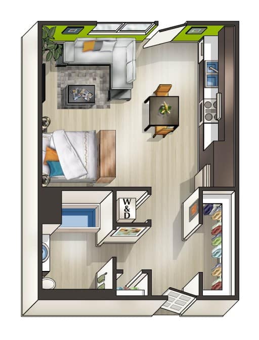 A drawing of a house with a kitchen, living room, and dining area.