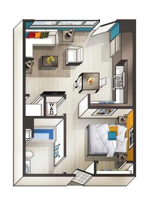 A drawing of a room with a bed, a desk, a chair, a dresser, a wardrobe, a cupboard, a shelf, a mirror, a window, a door, a curtain, a rug,