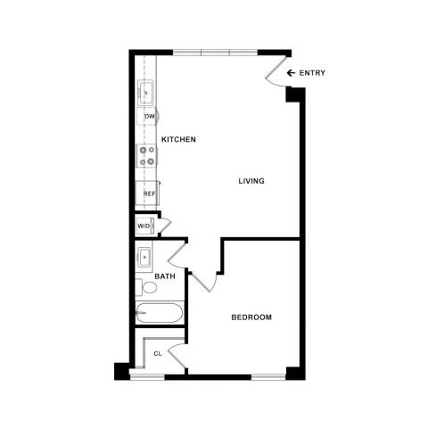 A floor plan of a small apartment with a kitchen, bathroom and bedroom.