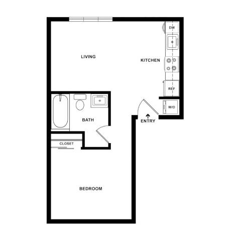 A black and white image of a floor plan for a small apartment.