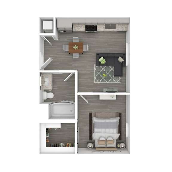A top-down view of a modern apartment layout with a kitchen, living room, and bathroom.