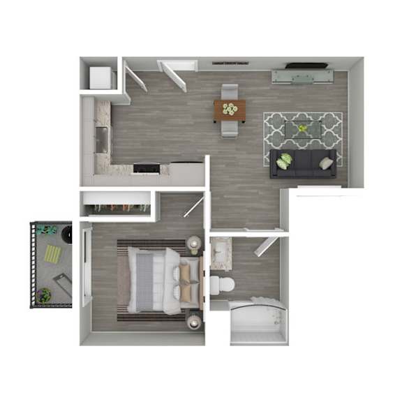 A top-down view of a modern apartment layout with a living room, kitchen, and bedroom.