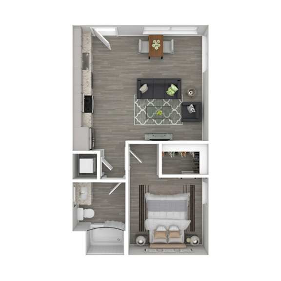 A top-down view of a bedroom with a bed, nightstand, and a desk with a chair.