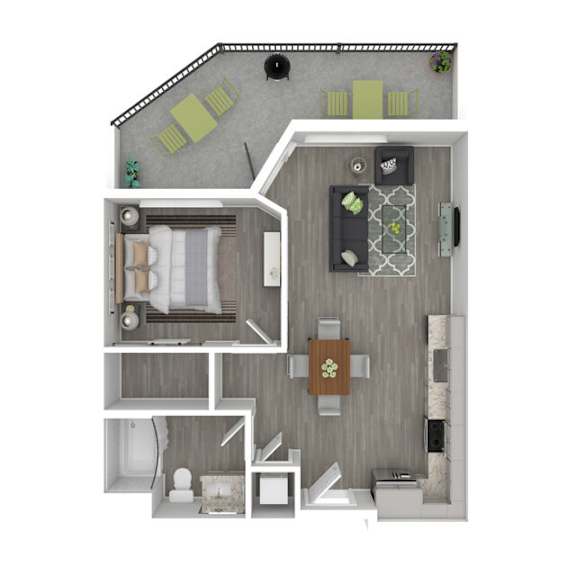 A floor plan of a small apartment with a kitchen, living room, and bathroom.