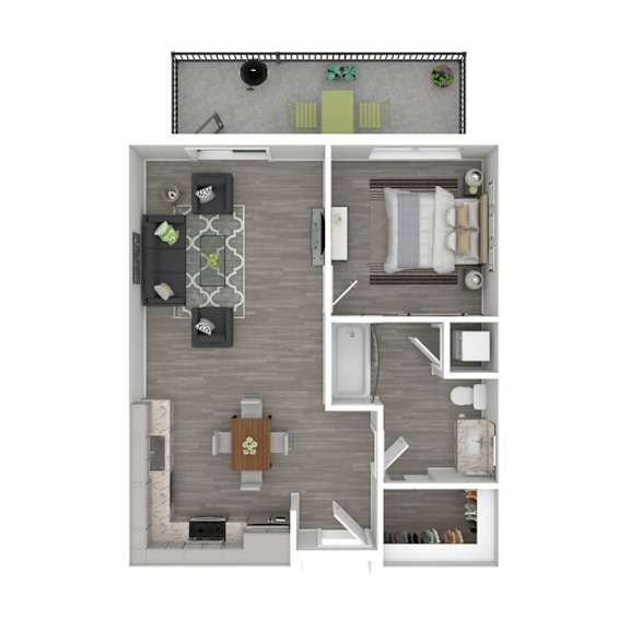 A top-down view of a house layout with a kitchen, living room, and bathroom.