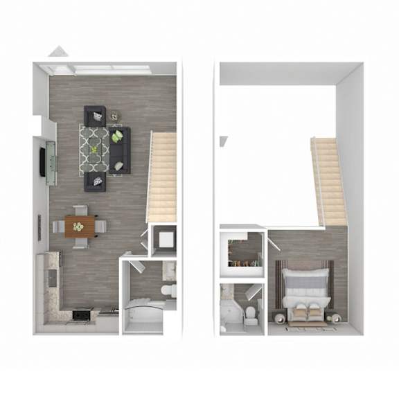 A floor plan of a small apartment with a kitchen, living room, and bedroom.