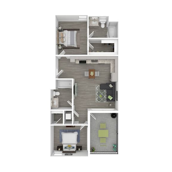 A top-down view of a small apartment layout with a kitchen, living room, and bathroom.