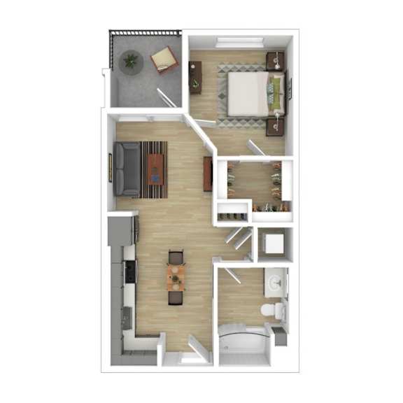 One bedroom 1 bathroom floorplan with balcony at AMP 30 Apartments, San Diego, CA 92116