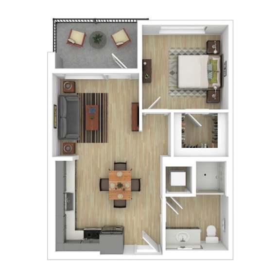 Two bed two bath floorplan with balcony at AMP 30 Apartments, California