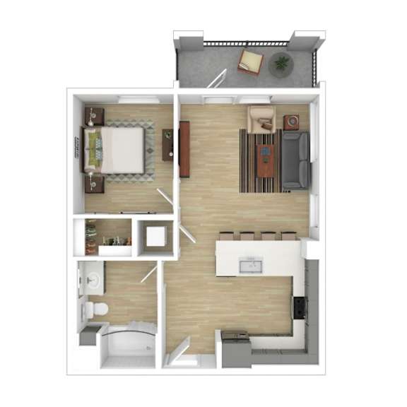 One bedroom one bath floorplan with balcony at AMP 30 Apartments, California, 92116