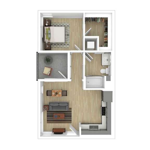One bed one bathroom floorplan with balcony at AMP 30 Apartments, San Diego, CA 92116