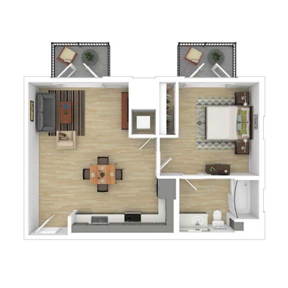 One bedroom one bathroom floorplan with walk-in closet at AMP 30 Apartments, San Diego, CA