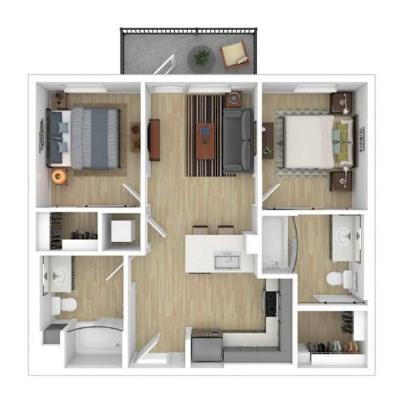 2 bedroom two bathroom floorplan with balcony at AMP 30 Apartments, California