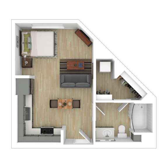 One bedroom 1 bathroom floorplan at AMP 30 Apartments, San Diego, 92116