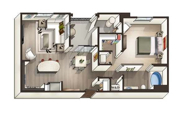 A floor plan of a house with a kitchen, living room, and bathroom.