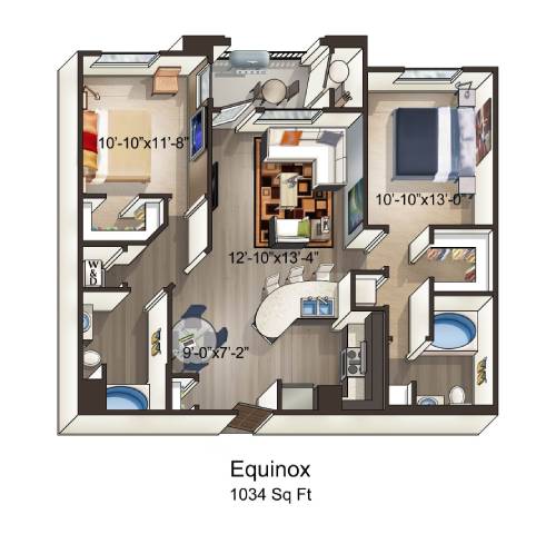 A floor plan of a 1034 square foot Equinox apartment.