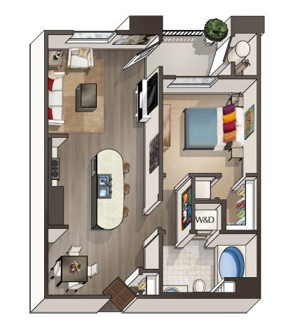 A floor plan of a house with a kitchen, living room, and bathroom.