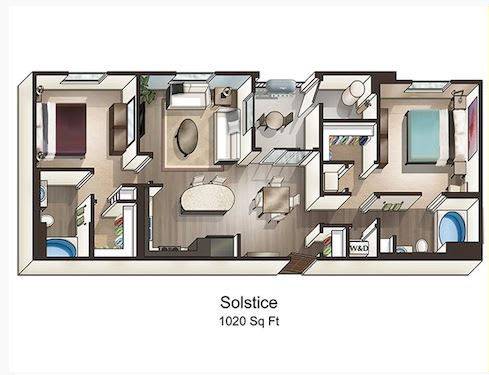 A floor plan of a 1020 square foot Solstice apartment.