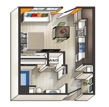 One bed one bath floorplan with balcony at Urbana Apartments, California, 92101