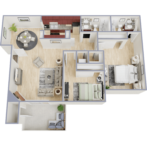 Floor Plan  A 3D floor plan of a house showing a living room, kitchen, dining room, and bedrooms.