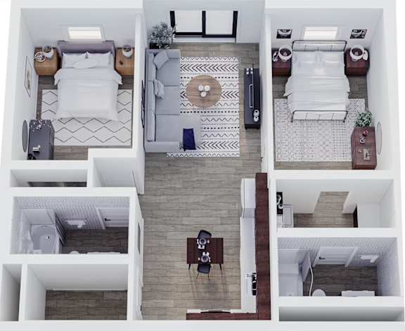 A series of images showing different angles of a bedroom with a bed, a chair, a rug, and a plant.