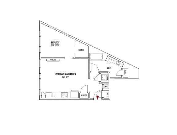A drawing of a house plan with a living area and kitchen.