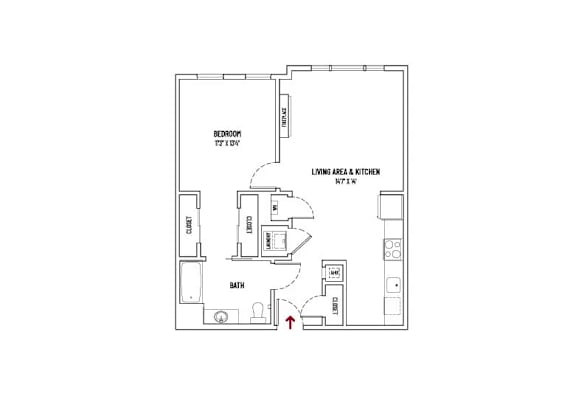 A floor plan of a small apartment with a bedroom, bathroom, living area and kitchen.