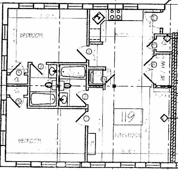 A black and white image of a floor plan with labeled rooms and objects.