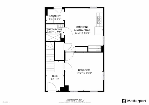 A floor plan for a home with a laundry room, bathroom, kitchen/living area, and bedroom.